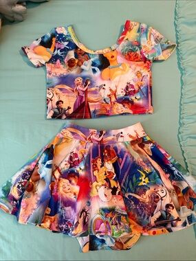 Girls' Multi-Color Princess Print Matching Set - Crop Top & Skirt